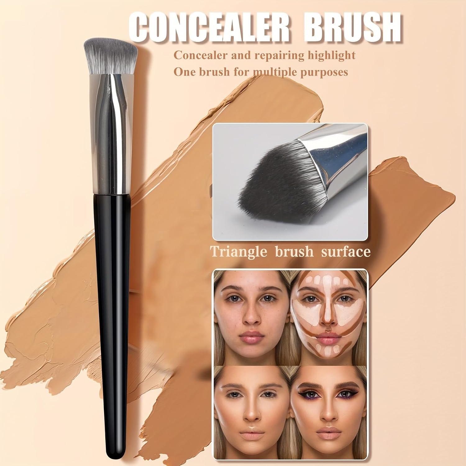Soft Makeup Brush, Black Triangle Foundation Brush, Black & Silver - Image 5