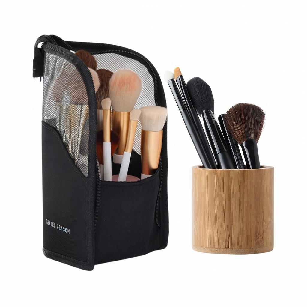 Makeup Brush Travel Case Stand Up, High Capacity Makeup Organizer