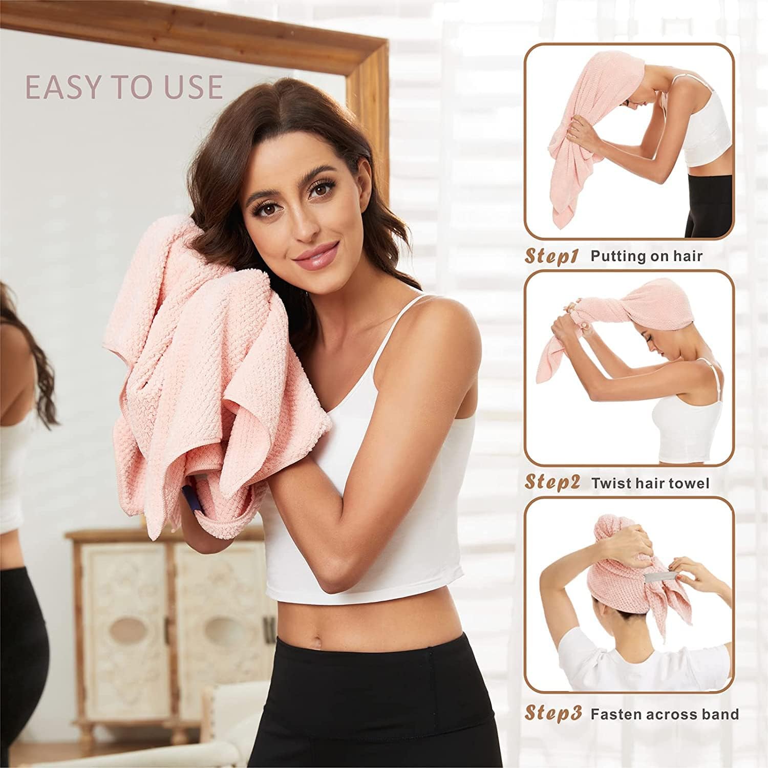 Quick-Drying Absorbent Hair Drying Towel Pink - Image 7