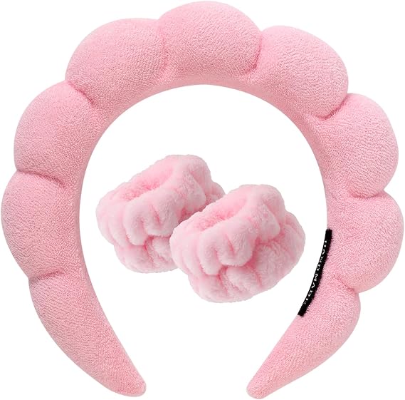 Spa Headband for Washing Face Wristband Sponge Makeup - Pink