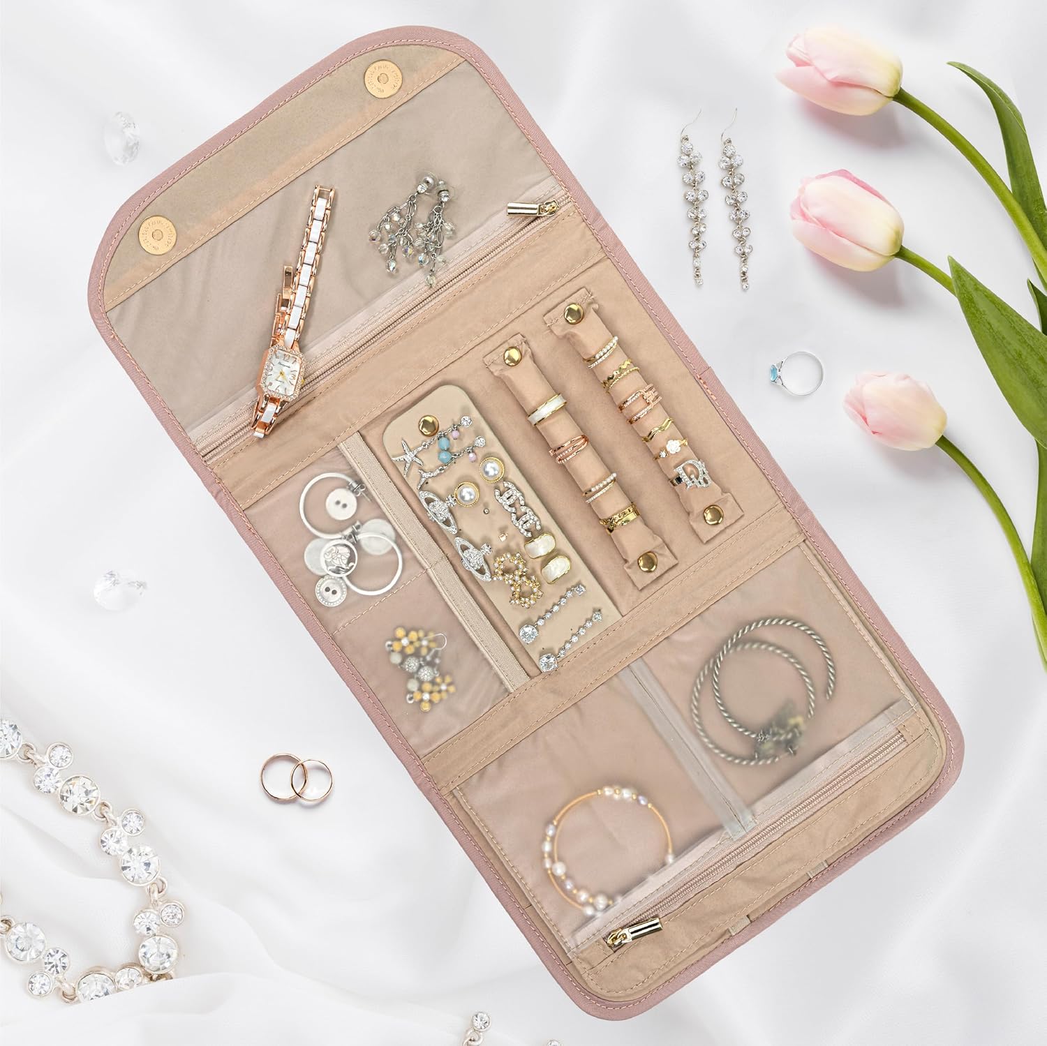 Travel Jewelry Case Organizer, Foldable Jewelry Roll Bag for Earrings, Rings, Necklaces, Bracelets & Accessories - Image 2