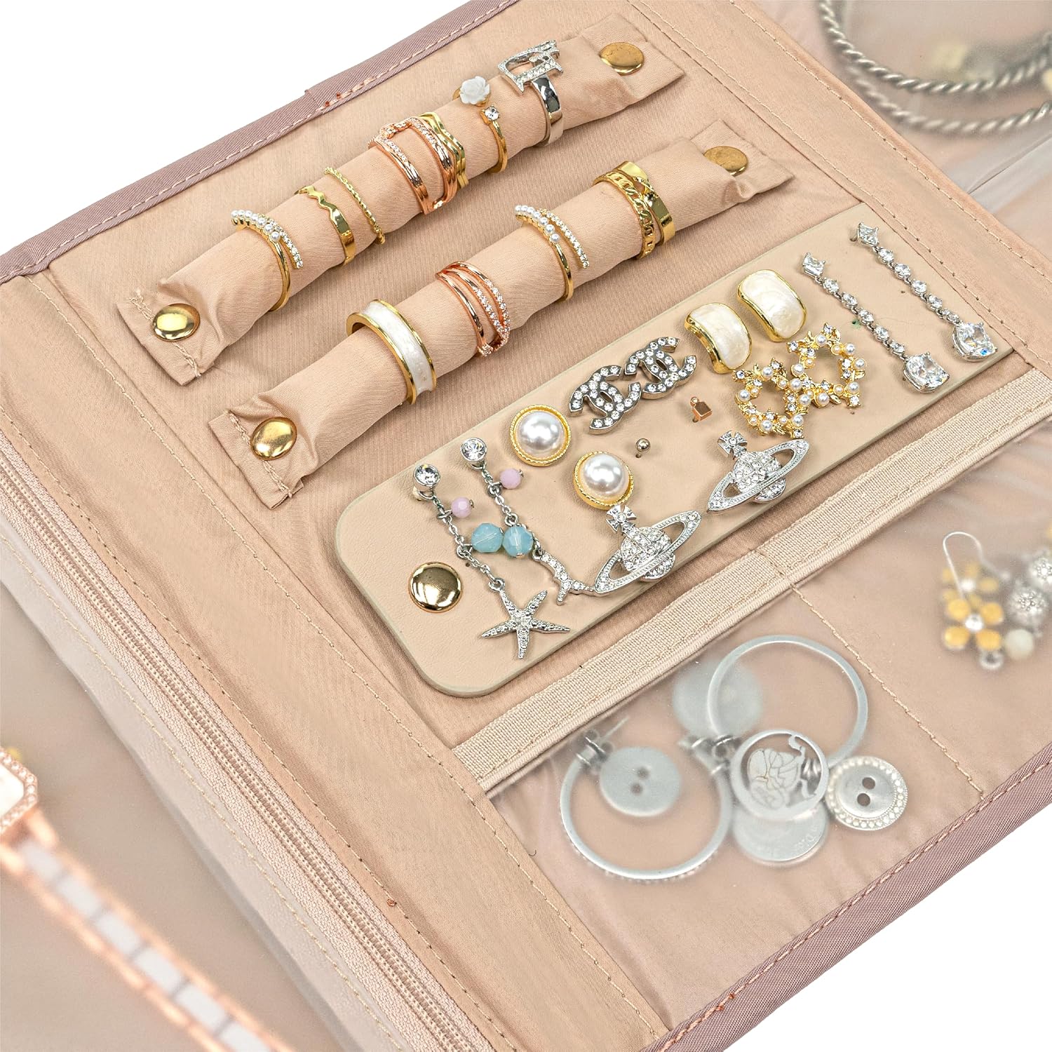 Travel Jewelry Case Organizer, Foldable Jewelry Roll Bag for Earrings, Rings, Necklaces, Bracelets & Accessories - Image 4