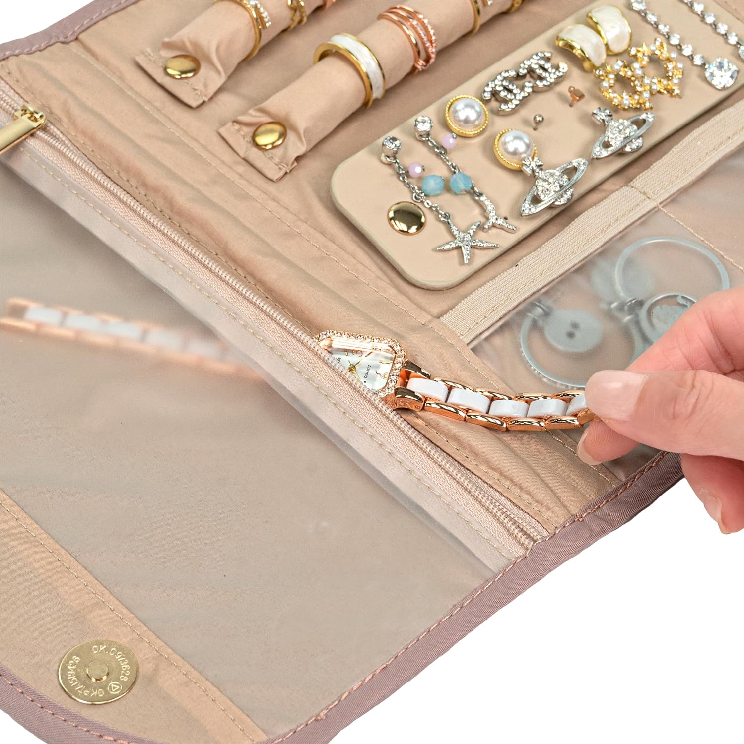 Travel Jewelry Case Organizer, Foldable Jewelry Roll Bag for Earrings, Rings, Necklaces, Bracelets & Accessories - Image 3