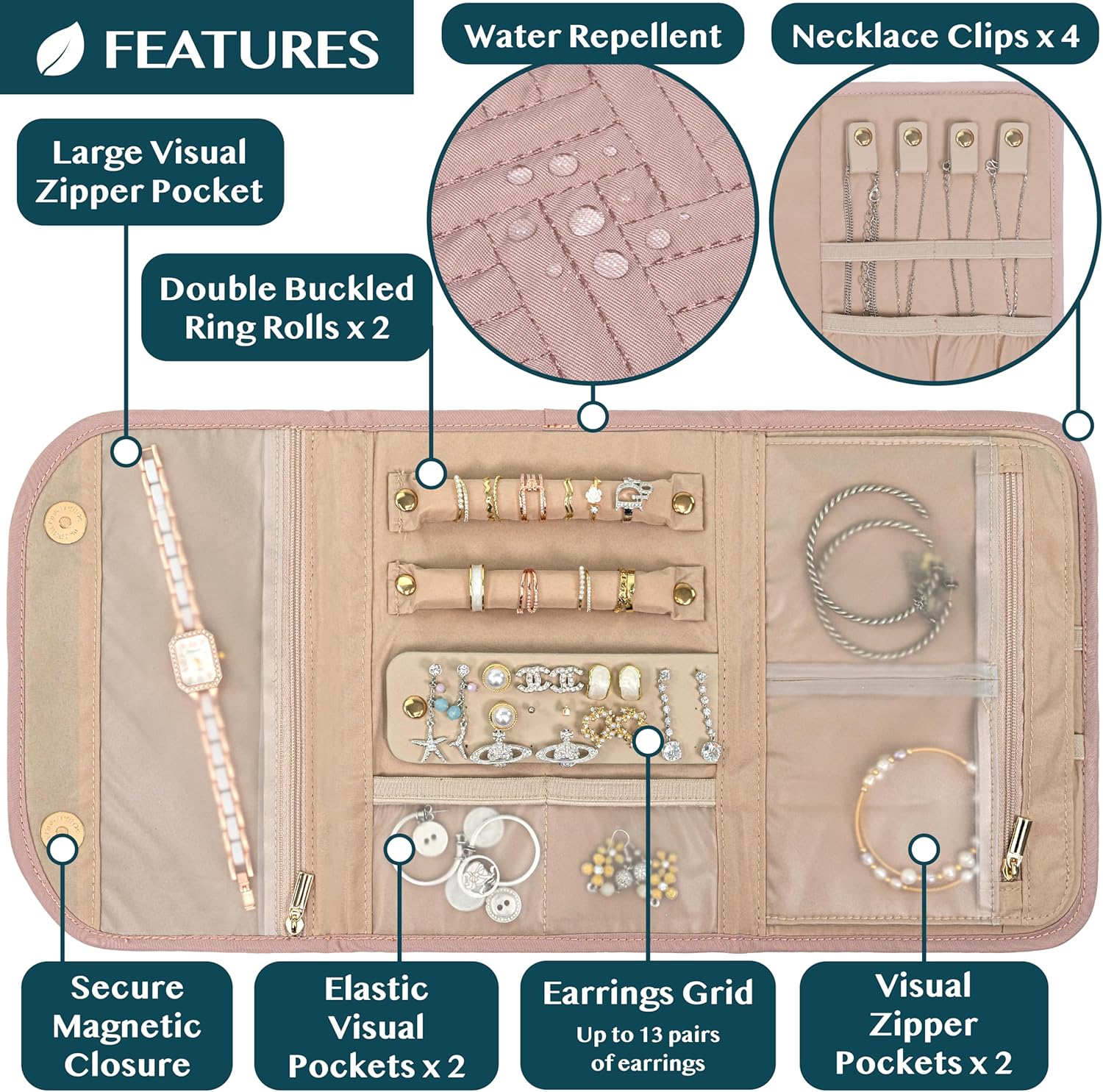 Travel Jewelry Case Organizer, Foldable Jewelry Roll Bag for Earrings, Rings, Necklaces, Bracelets & Accessories - Image 5